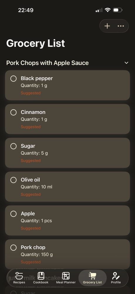 ReciPics grocery list screen